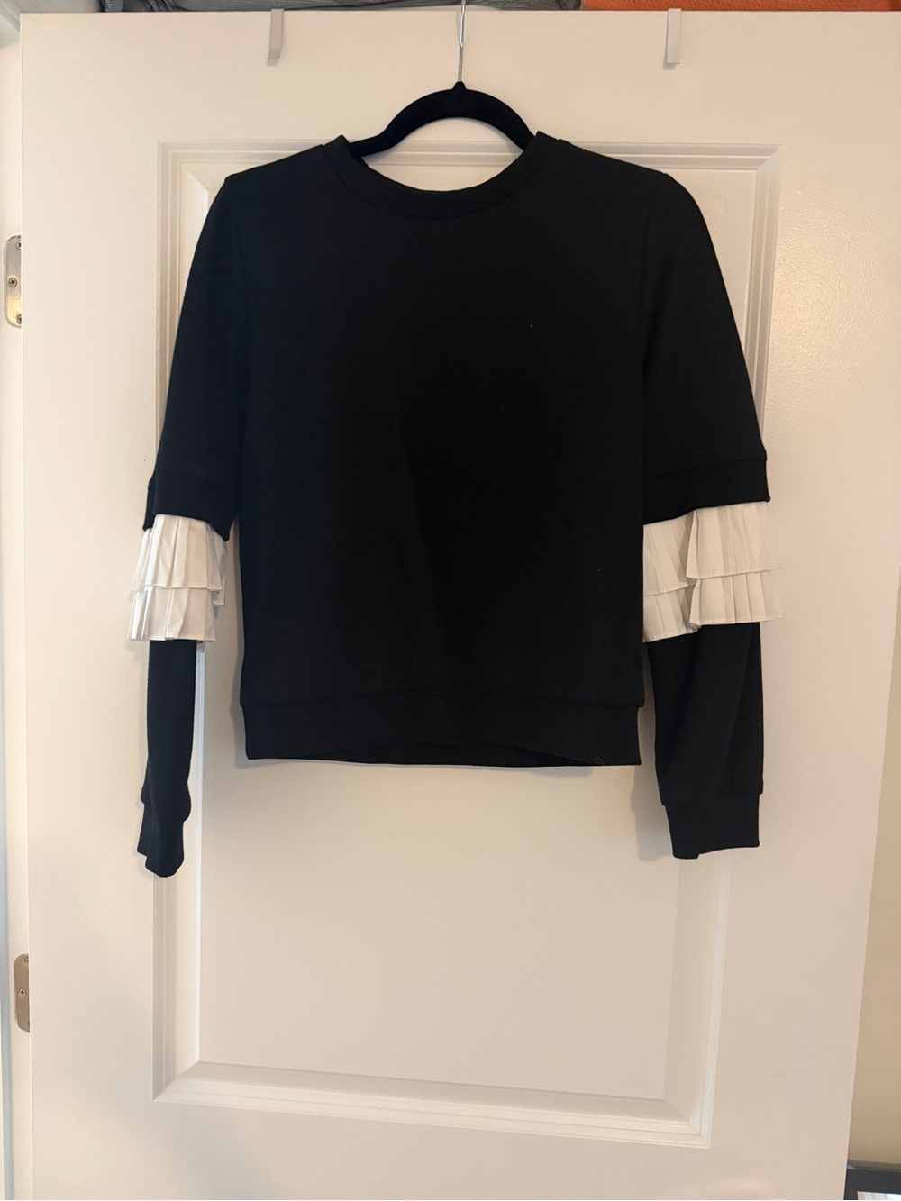 English Factory Black Sweatshirt with White Tiered Ruffle Sleeves